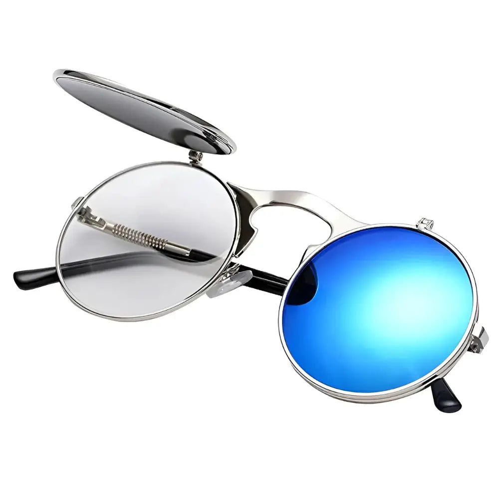 Occhiali da sole rotondi color blu e argento
