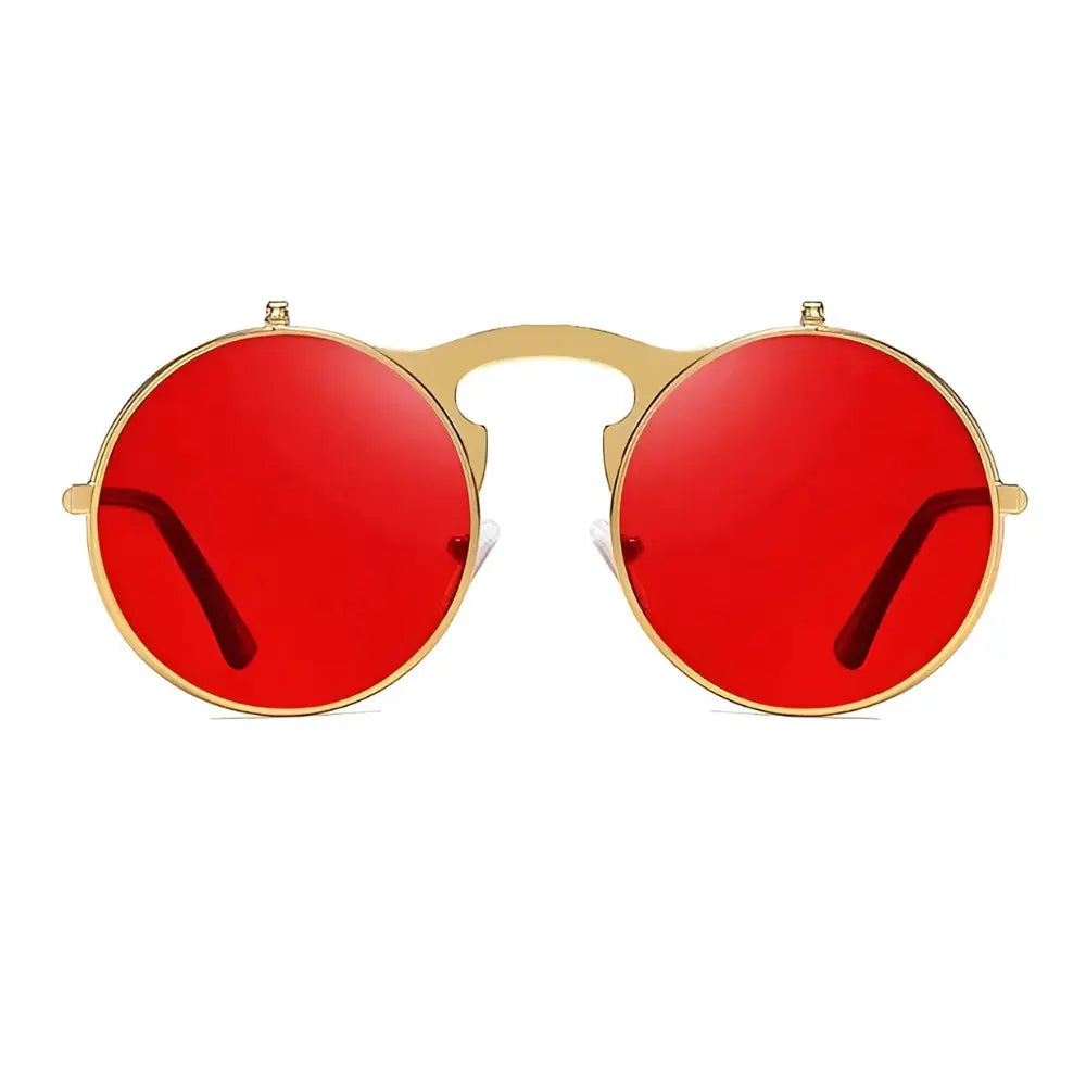 Occhiali da sole rotondi rossi e dorati